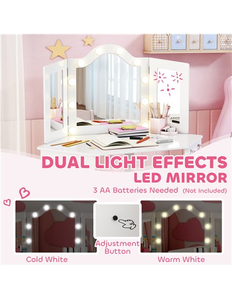 AIYAPLAY Kids Dressing Table and Stool Set, Girls Vanity Table with 2-Colour LED Lights, Tri-Folding Mirror, White