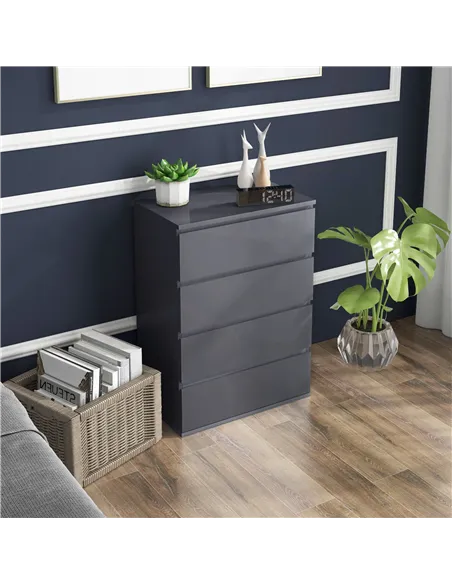 HOMCOM High Gloss Chest of Drawers, 4-Drawer Storage Cabinets, Modern Dresser for Bedroom, Grey