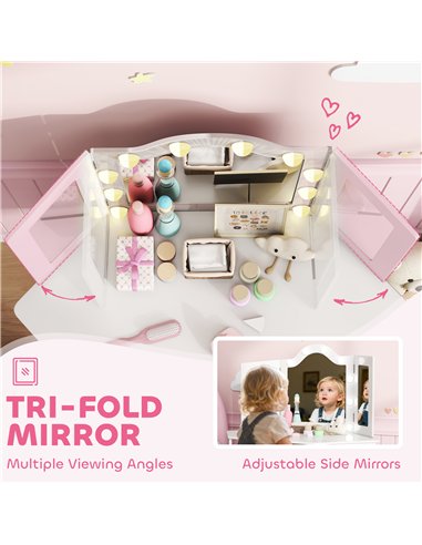 AIYAPLAY Kids Dressing Table and Stool Set, Girls Vanity Table with 2-Colour LED Lights, Tri-Folding Mirror, White
