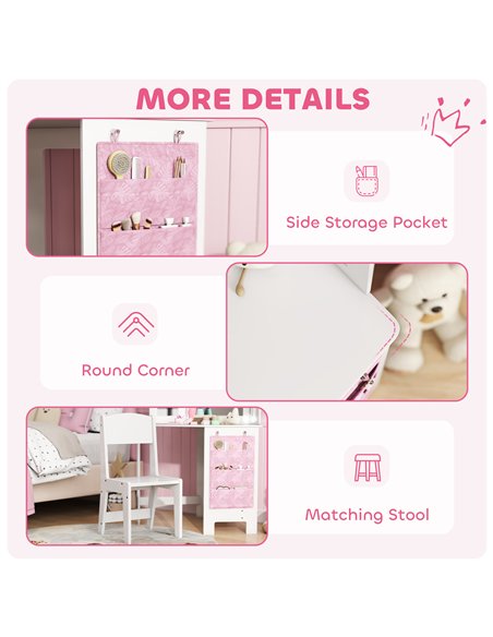 AIYAPLAY Kids Dressing Table and Stool Set, Girls Vanity Table with 2-Colour LED Lights, Tri-Folding Mirror, White