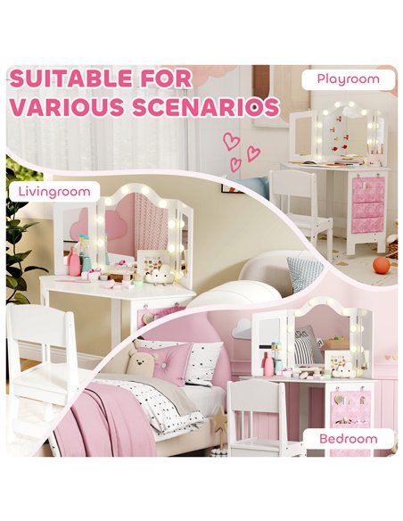 AIYAPLAY Kids Dressing Table and Stool Set, Girls Vanity Table with 2-Colour LED Lights, Tri-Folding Mirror, White