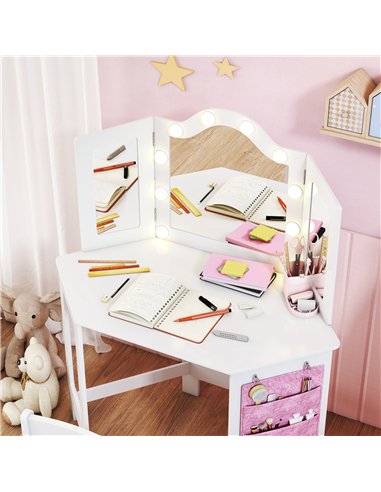 AIYAPLAY Kids Dressing Table and Stool Set, Girls Vanity Table with 2-Colour LED Lights, Tri-Folding Mirror, White