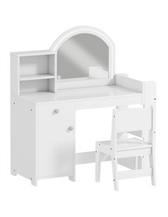 AIYAPLAY Kids Vanity Table and Chair Set, Girls Dressing Table with 2-Colour LED Mirror, Stool, Cabinet, Drawer, Shelves, White