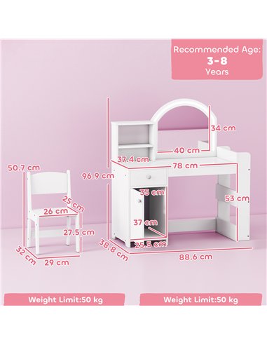 AIYAPLAY Kids Vanity Table and Chair Set, Girls Dressing Table with 2-Colour LED Mirror, Stool, Cabinet, Drawer, Shelves, White