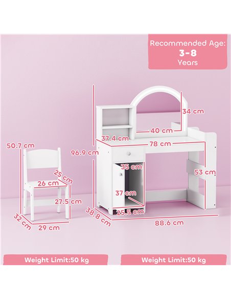 AIYAPLAY Kids Vanity Table and Chair Set, Girls Dressing Table with 2-Colour LED Mirror, Stool, Cabinet, Drawer, Shelves, White