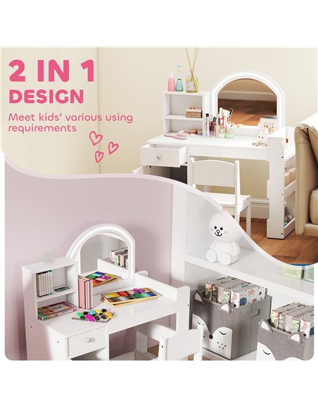 AIYAPLAY Kids Vanity Table and Chair Set, Girls Dressing Table with 2-Colour LED Mirror, Stool, Cabinet, Drawer, Shelves, White