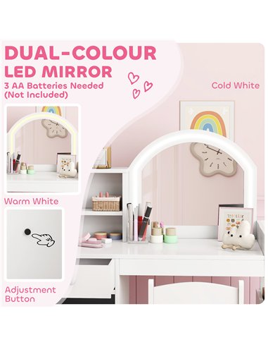 AIYAPLAY Kids Vanity Table and Chair Set, Girls Dressing Table with 2-Colour LED Mirror, Stool, Cabinet, Drawer, Shelves, White