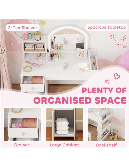 AIYAPLAY Kids Vanity Table and Chair Set, Girls Dressing Table with 2-Colour LED Mirror, Stool, Cabinet, Drawer, Shelves, White