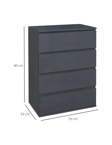HOMCOM High Gloss Chest of Drawers, 4-Drawer Storage Cabinets, Modern Dresser for Bedroom, Grey