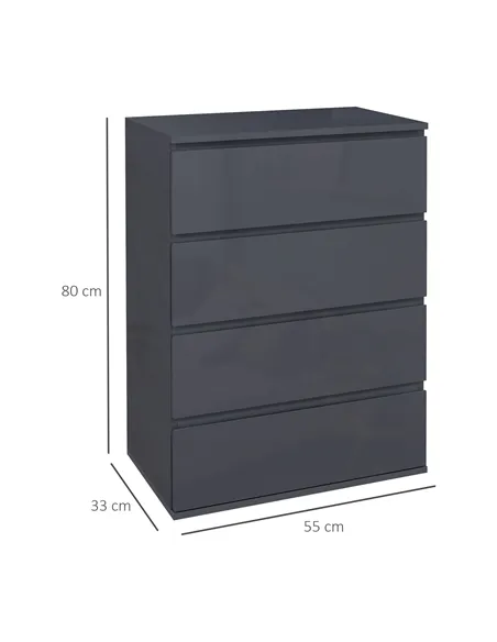 HOMCOM High Gloss Chest of Drawers, 4-Drawer Storage Cabinets, Modern Dresser for Bedroom, Grey