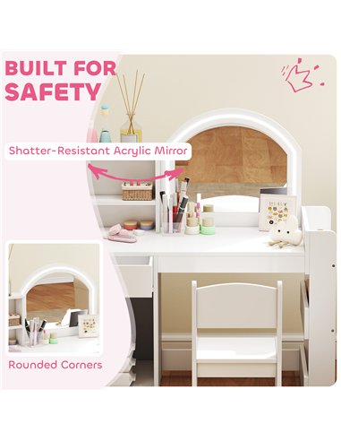 AIYAPLAY Kids Vanity Table and Chair Set, Girls Dressing Table with 2-Colour LED Mirror, Stool, Cabinet, Drawer, Shelves, White