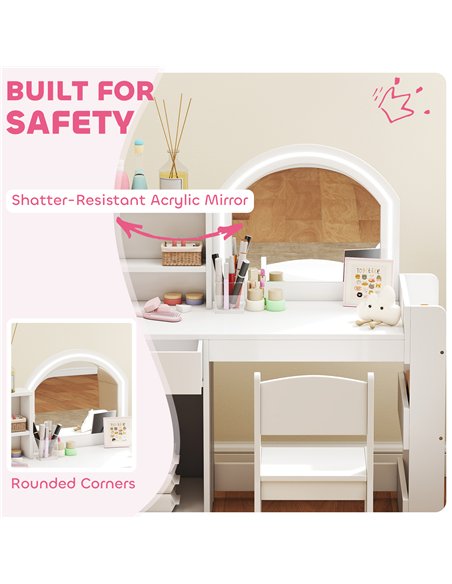 AIYAPLAY Kids Vanity Table and Chair Set, Girls Dressing Table with 2-Colour LED Mirror, Stool, Cabinet, Drawer, Shelves, White
