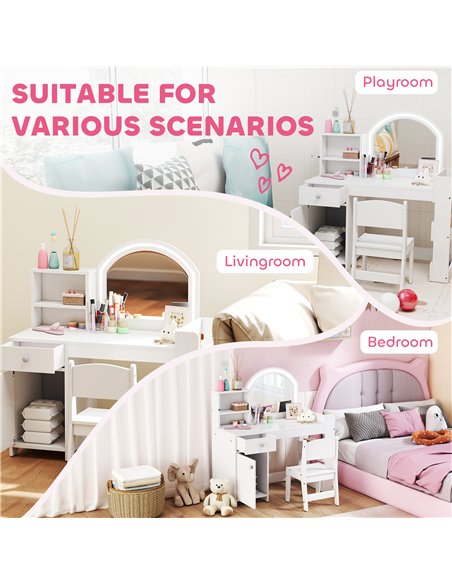 AIYAPLAY Kids Vanity Table and Chair Set, Girls Dressing Table with 2-Colour LED Mirror, Stool, Cabinet, Drawer, Shelves, White