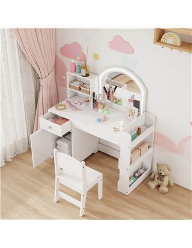 AIYAPLAY Kids Vanity Table and Chair Set, Girls Dressing Table with 2-Colour LED Mirror, Stool, Cabinet, Drawer, Shelves, White