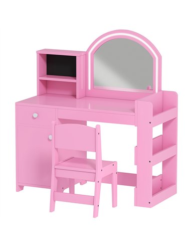 AIYAPLAY Kids Vanity Table and Chair Set, Girls Dressing Table with 2-Colour LED Mirror, Stool, Cabinet, Drawer, Shelves, Pink