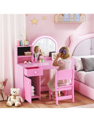 AIYAPLAY Kids Vanity Table and Chair Set, Girls Dressing Table with 2-Colour LED Mirror, Stool, Cabinet, Drawer, Shelves, Pink