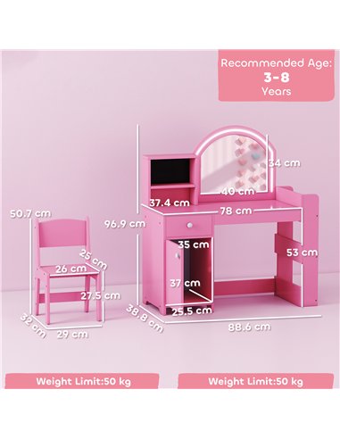 AIYAPLAY Kids Vanity Table and Chair Set, Girls Dressing Table with 2-Colour LED Mirror, Stool, Cabinet, Drawer, Shelves, Pink