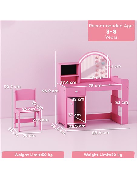 AIYAPLAY Kids Vanity Table and Chair Set, Girls Dressing Table with 2-Colour LED Mirror, Stool, Cabinet, Drawer, Shelves, Pink