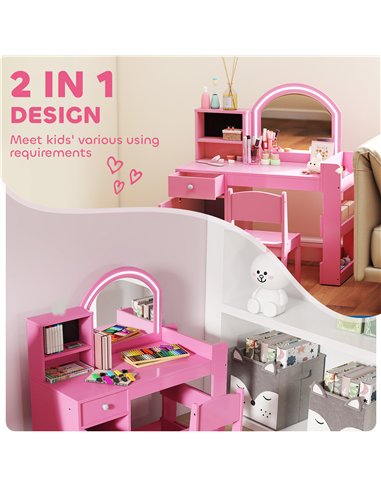 AIYAPLAY Kids Vanity Table and Chair Set, Girls Dressing Table with 2-Colour LED Mirror, Stool, Cabinet, Drawer, Shelves, Pink
