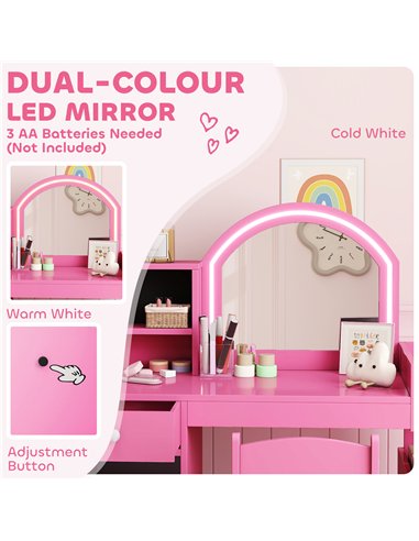 AIYAPLAY Kids Vanity Table and Chair Set, Girls Dressing Table with 2-Colour LED Mirror, Stool, Cabinet, Drawer, Shelves, Pink