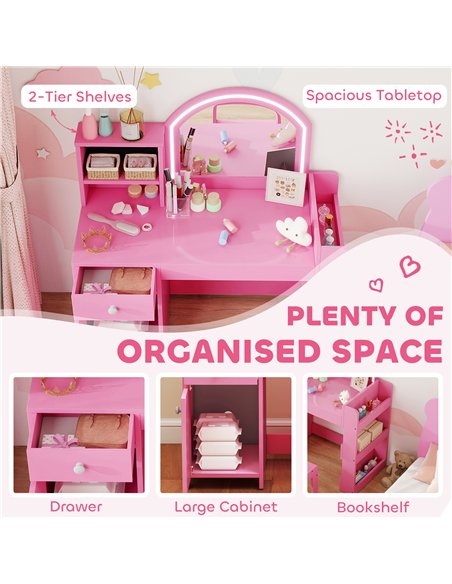 AIYAPLAY Kids Vanity Table and Chair Set, Girls Dressing Table with 2-Colour LED Mirror, Stool, Cabinet, Drawer, Shelves, Pink