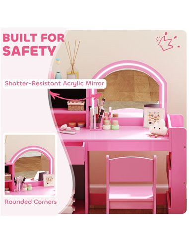 AIYAPLAY Kids Vanity Table and Chair Set, Girls Dressing Table with 2-Colour LED Mirror, Stool, Cabinet, Drawer, Shelves, Pink