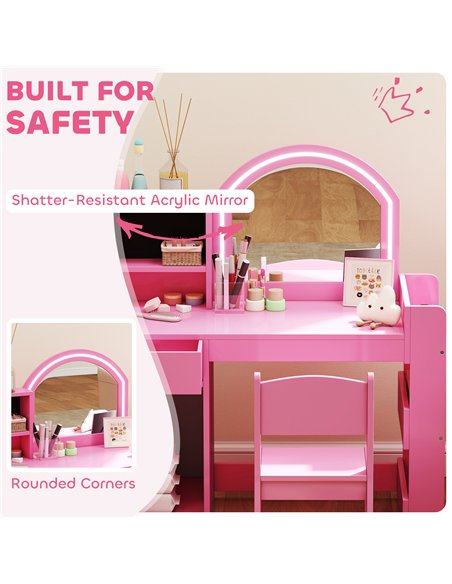 AIYAPLAY Kids Vanity Table and Chair Set, Girls Dressing Table with 2-Colour LED Mirror, Stool, Cabinet, Drawer, Shelves, Pink
