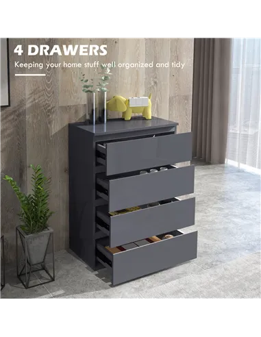 HOMCOM High Gloss Chest of Drawers, 4-Drawer Storage Cabinets, Modern Dresser for Bedroom, Grey