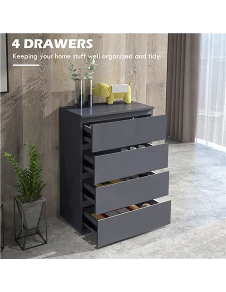 HOMCOM High Gloss Chest of Drawers, 4-Drawer Storage Cabinets, Modern Dresser for Bedroom, Grey