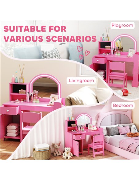 AIYAPLAY Kids Vanity Table and Chair Set, Girls Dressing Table with 2-Colour LED Mirror, Stool, Cabinet, Drawer, Shelves, Pink