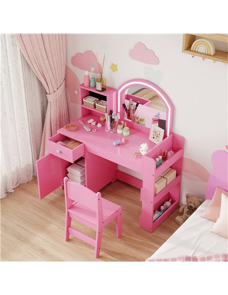AIYAPLAY Kids Vanity Table and Chair Set, Girls Dressing Table with 2-Colour LED Mirror, Stool, Cabinet, Drawer, Shelves, Pink