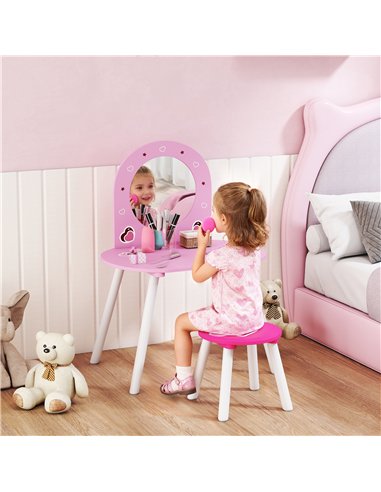 AIYAPLAY Kids Dressing Table with Mirror and Stool, Girls Vanity Set for Kids Room, Bedroom, Nursery, for Ages 3–6 Years, Pink