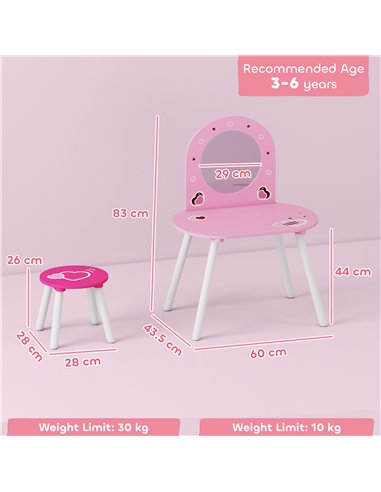 AIYAPLAY Kids Dressing Table with Mirror and Stool, Girls Vanity Set for Kids Room, Bedroom, Nursery, for Ages 3–6 Years, Pink