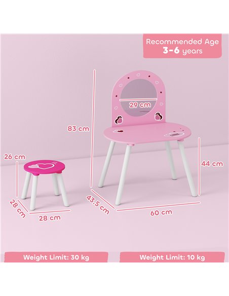 AIYAPLAY Kids Dressing Table with Mirror and Stool, Girls Vanity Set for Kids Room, Bedroom, Nursery, for Ages 3–6 Years, Pink