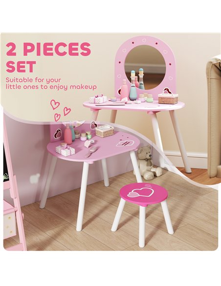 AIYAPLAY Kids Dressing Table with Mirror and Stool, Girls Vanity Set for Kids Room, Bedroom, Nursery, for Ages 3–6 Years, Pink