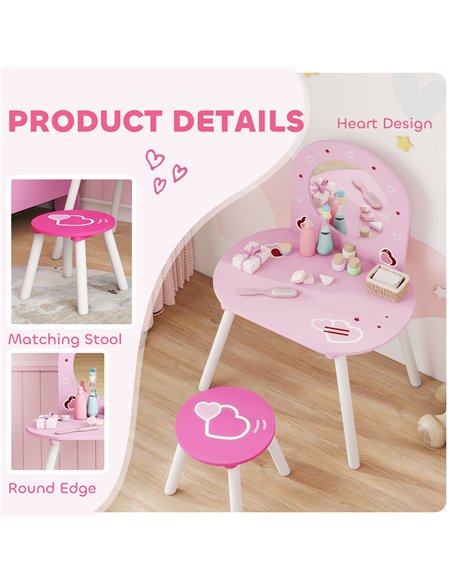 AIYAPLAY Kids Dressing Table with Mirror and Stool, Girls Vanity Set for Kids Room, Bedroom, Nursery, for Ages 3–6 Years, Pink