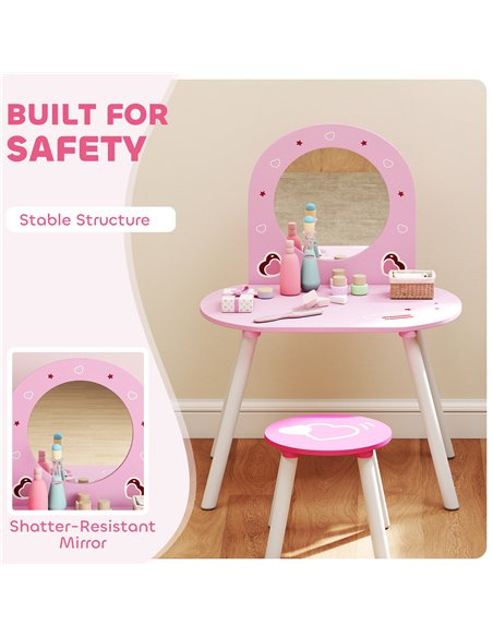 AIYAPLAY Kids Dressing Table with Mirror and Stool, Girls Vanity Set for Kids Room, Bedroom, Nursery, for Ages 3–6 Years, Pink
