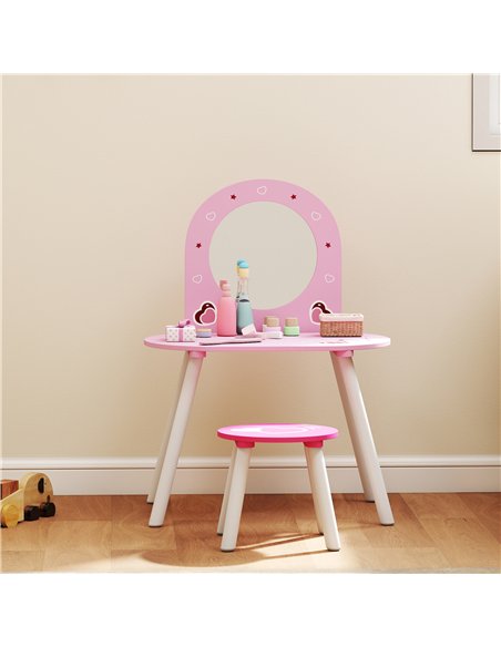 AIYAPLAY Kids Dressing Table with Mirror and Stool, Girls Vanity Set for Kids Room, Bedroom, Nursery, for Ages 3–6 Years, Pink
