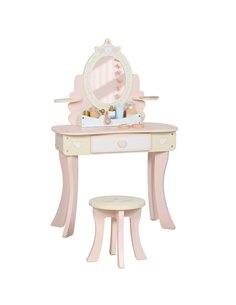 AIYAPLAY Kids Dressing Table, Girls Vanity Set with Mirror and Stool, 7 Play Accessories, Drawer, Desktop Storage, Pink