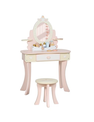 AIYAPLAY Kids Dressing Table, Girls Vanity Set with Mirror and Stool, 7 Play Accessories, Drawer, Desktop Storage, Pink