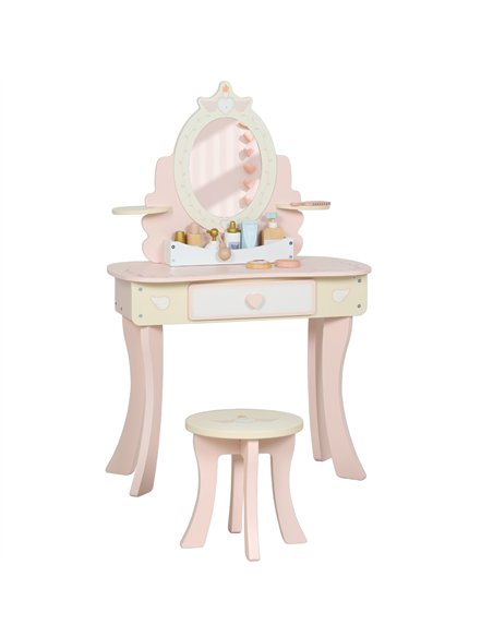 AIYAPLAY Kids Dressing Table, Girls Vanity Set with Mirror and Stool, 7 Play Accessories, Drawer, Desktop Storage, Pink