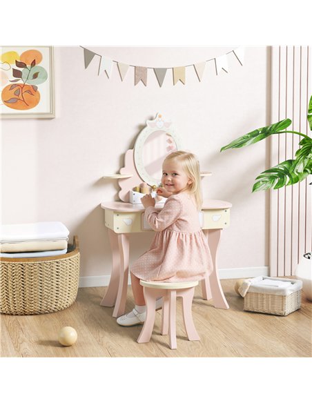 AIYAPLAY Kids Dressing Table, Girls Vanity Set with Mirror and Stool, 7 Play Accessories, Drawer, Desktop Storage, Pink