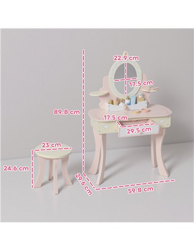 AIYAPLAY Kids Dressing Table, Girls Vanity Set with Mirror and Stool, 7 Play Accessories, Drawer, Desktop Storage, Pink