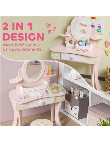 AIYAPLAY Kids Dressing Table, Girls Vanity Set with Mirror and Stool, 7 Play Accessories, Drawer, Desktop Storage, Pink