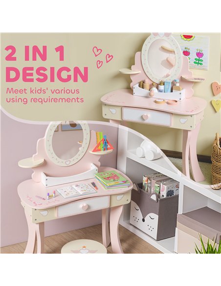 AIYAPLAY Kids Dressing Table, Girls Vanity Set with Mirror and Stool, 7 Play Accessories, Drawer, Desktop Storage, Pink