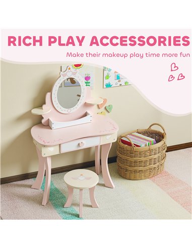 AIYAPLAY Kids Dressing Table, Girls Vanity Set with Mirror and Stool, 7 Play Accessories, Drawer, Desktop Storage, Pink