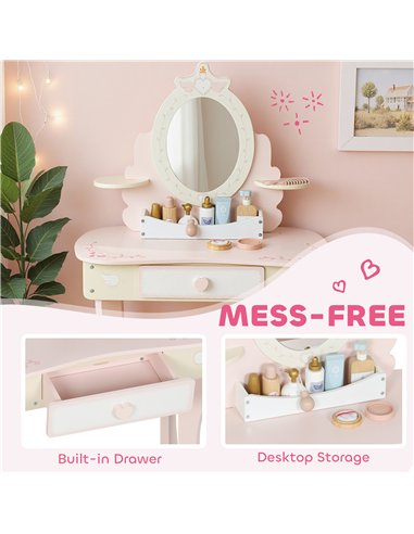 AIYAPLAY Kids Dressing Table, Girls Vanity Set with Mirror and Stool, 7 Play Accessories, Drawer, Desktop Storage, Pink