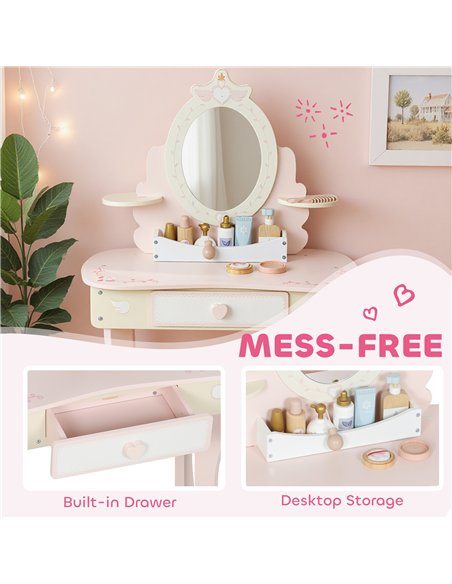 AIYAPLAY Kids Dressing Table, Girls Vanity Set with Mirror and Stool, 7 Play Accessories, Drawer, Desktop Storage, Pink