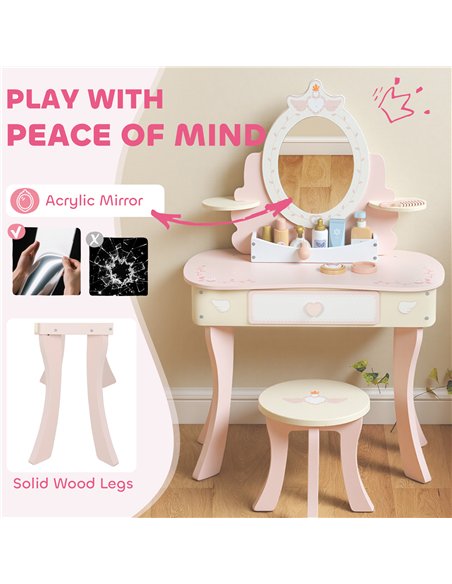 AIYAPLAY Kids Dressing Table, Girls Vanity Set with Mirror and Stool, 7 Play Accessories, Drawer, Desktop Storage, Pink