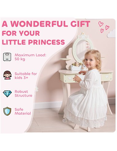 AIYAPLAY Kids Dressing Table, Girls Vanity Set with Mirror and Stool, 7 Play Accessories, Drawer, Desktop Storage, Pink